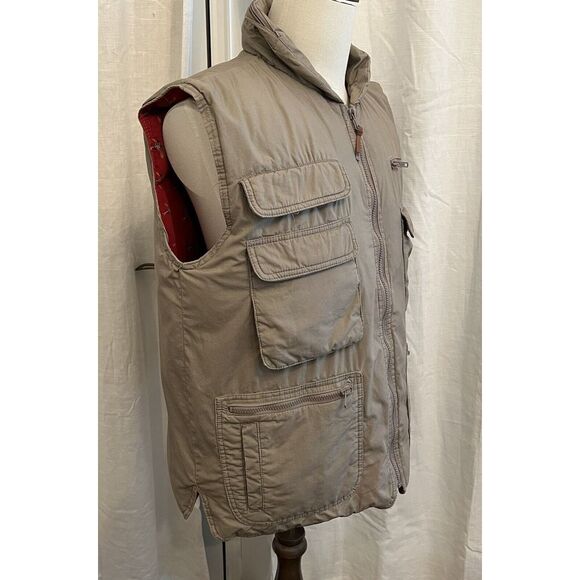 J.J Cochran Mens Down Vest Khaki Duck Down Sz L‎ Pheasant Lining Hunting Pockets - Picture 1 of 10